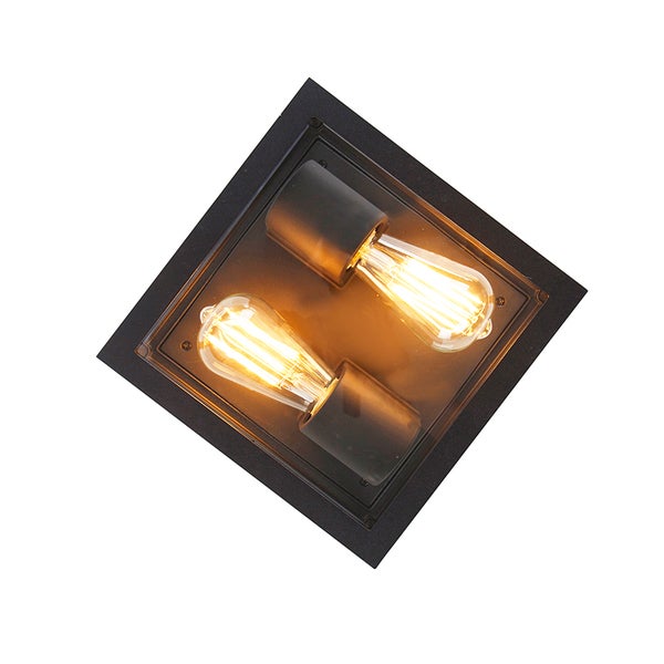Quadratische schwarze Deckenleuchte mit zwei LED Filament Leuchtmitteln im Vintage Stil.