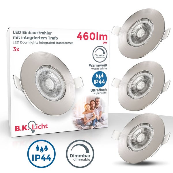 Einbaustrahler 68mm 3er Set - 230V, 5W, 460lm, LED, dimmbar, IP44, warmweiß, matt-nickel