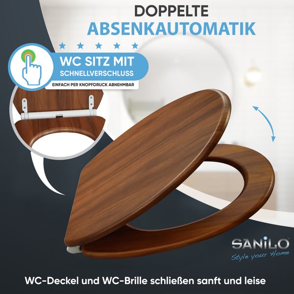 Sanilo Toilettensitz in Holzoptik mit doppelter Absenkautomatik und Schnellverschluss zum Abnehmen. Sanilo Logo.