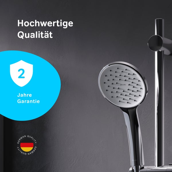 Handbrause mit Duschstange und AM PM Logo inklusive zweijähriger Garantie und Qualitätssiegel für deutsche Qualität.