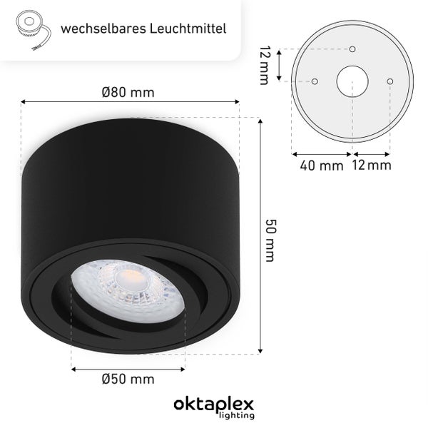 Aufbauspot Lile Schwarz 6 Stück 3-stufig dimmbar LED Modul 3000K warmweiß 4,8W 80x50mm Schwenkbar für Aufputz Montage