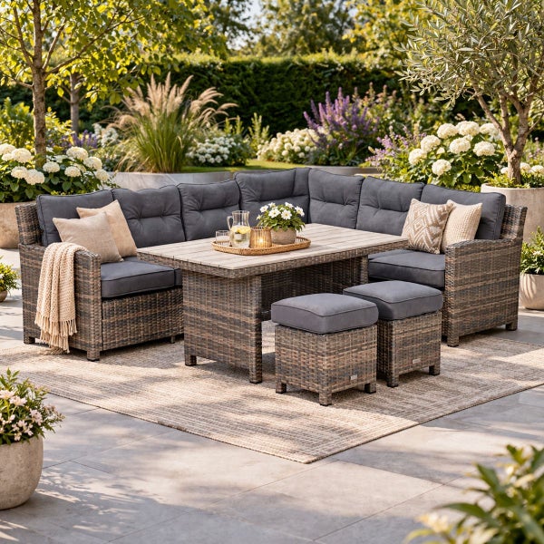 Ecklounge-Set aus Polyrattan mit Esstisch und zwei Hockern auf einer Terrasse inmitten einer Gartenanlage.