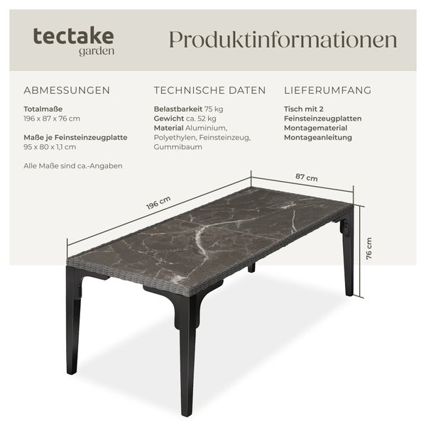 Rattan Tisch tectake Foggia 196 x 87 x 76 cm mit Aluminium- und Holzgestell grau