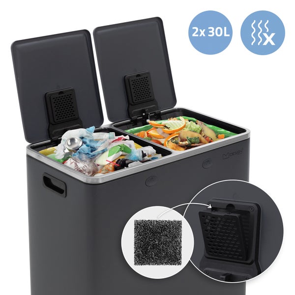 ML-Design Mülleimer Küche 2x 30L (60L) Anthrazit, Mülltrennsystem 2 Fächer, Treteimer zur Mülltrennung, Abfalleimer aus Stahl, herausnehmbarer Kunststoff Inneneimer, Klappdeckel, Softclose, luftdicht