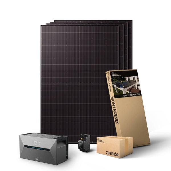 Balkonkraftwerk Set mit vier Solarmodulen, Anker SOLIX Speicher, Montageset für Gitterbalkone und Zubehör.
