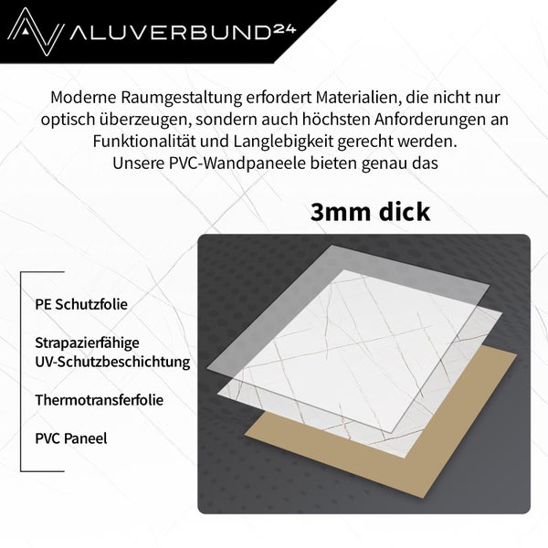 Diagramm einer drei Millimeter dicken PVC Wandpaneele mit Schutzfolie und UV Schutzbeschichtung