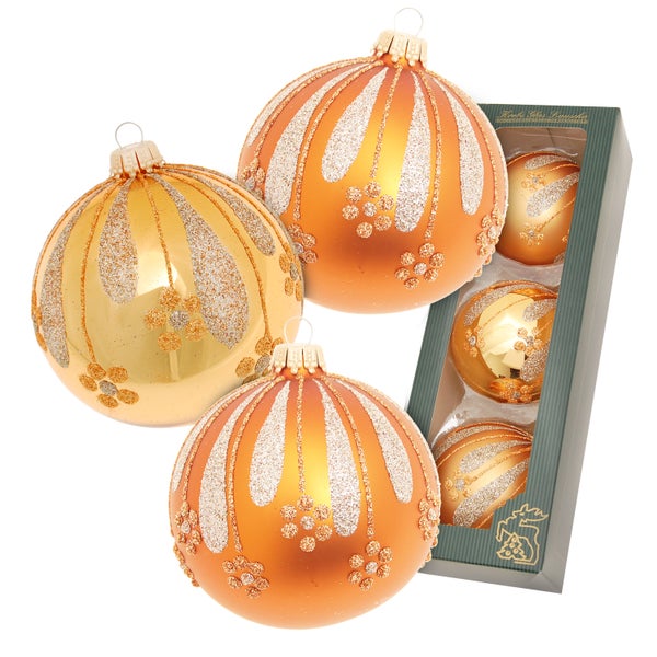 Glaskugel-Set Blumen & Blätter (Weihnachtswald), Safran Satin/Gold Glanz, 3-teilig, 8cm, 3 Stck.