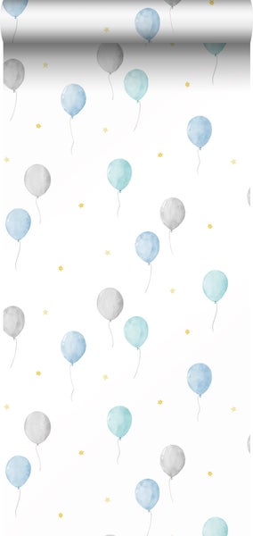 Kindertapete mit Luftballon- und Sternenmuster in Blau und Grau