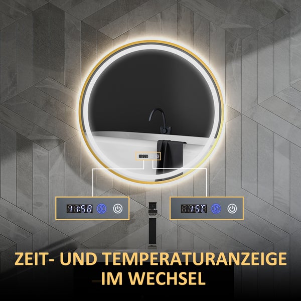 HOMCOM Runder Badspiegel mit Beleuchtung 60cm LED Beschlagfrei Wandspiegel mit Touchschalter Timer 3 Lichtfarben Badezimmerspiegel mit Zeit- und Temperaturanzeige Aluminiumrahmen IP44 für Badezimmer