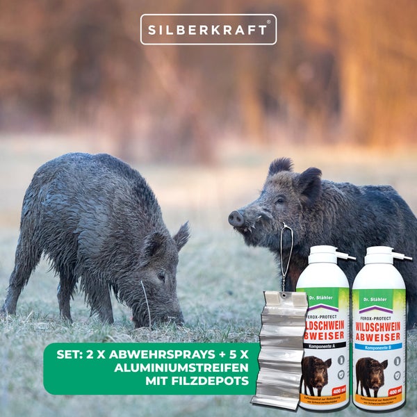 Ferox-Protect Wildschweinabweiser Spray-Set zur Wildschweinabwehr mit Duft- und Geräuschbarriere, 2 Sprays + 5 Aluminiumstreifen mit Filzdepot, Schutz für Garten, Feld, Waldrand, Zaun