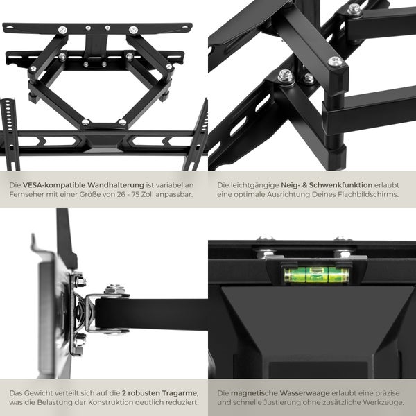 Details einer variablen, VESA-kompatiblen TV-Wandhalterung für Flachbildschirme mit Neige- und Schwenkfunktion und integrierter Wasserwaage
