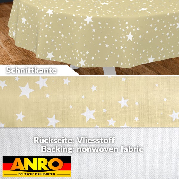 Wachstuch Tischdecke mit Sternenmuster, Detailansicht Schnittkante und Vliesstoff-Rückseite, ANRO Deutsche Manufaktur Logo.