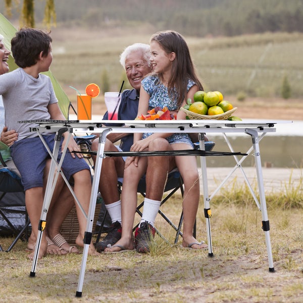 Outsunny Picknick Klapptisch, Falttisch, Höhenverstellbarer Campingtisch, Inkl. Tragetasche, Aluminium, Silber, 120 x 70 x 58-73 cm