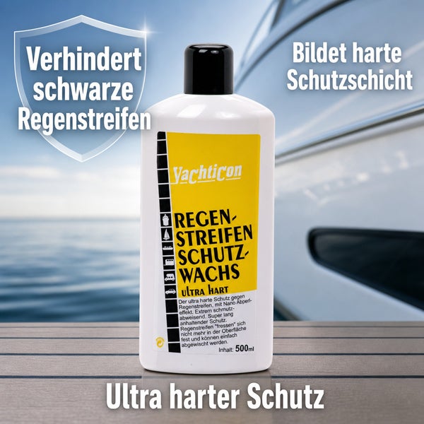 Yachticon Regenstreifen Schutzwachs Ultra Hart 500 Milliliter Flasche zur Versiegelung und zum Schutz gegen schwarze Regenstreifen.