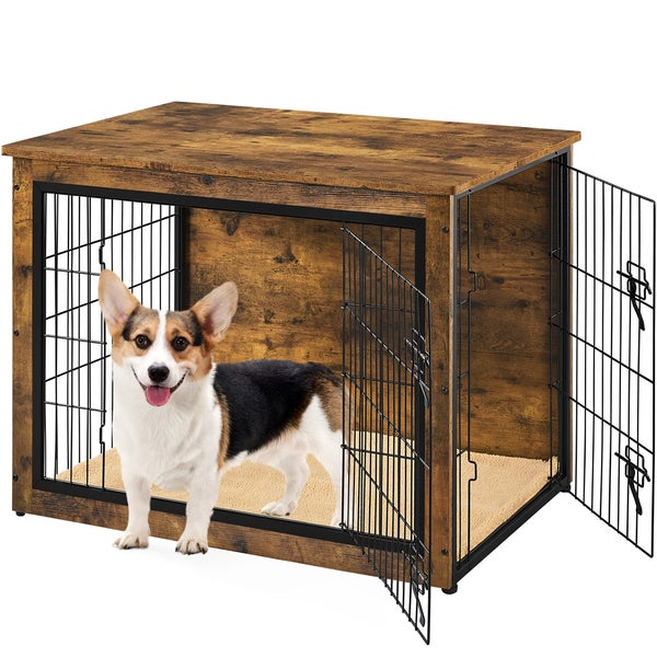 Hund in Hundebox aus Holz mit Gittertür