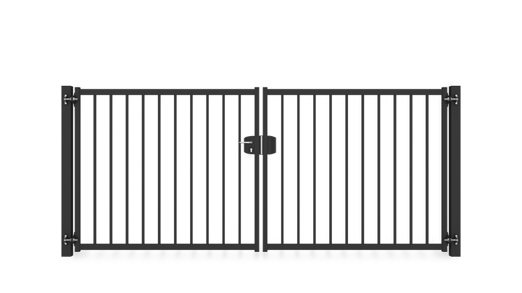 Gartentor ZAUNGURU BASIC-Line Bremen aus Metall, Höhe: 143cm, Breite: 334cm, 2-flügelig inkl. Pfosten, Schloss und Zubehör, Feuerverzinkt und zusätzlich in RAL 7016 Anthrazitgrau pulverbeschichtet