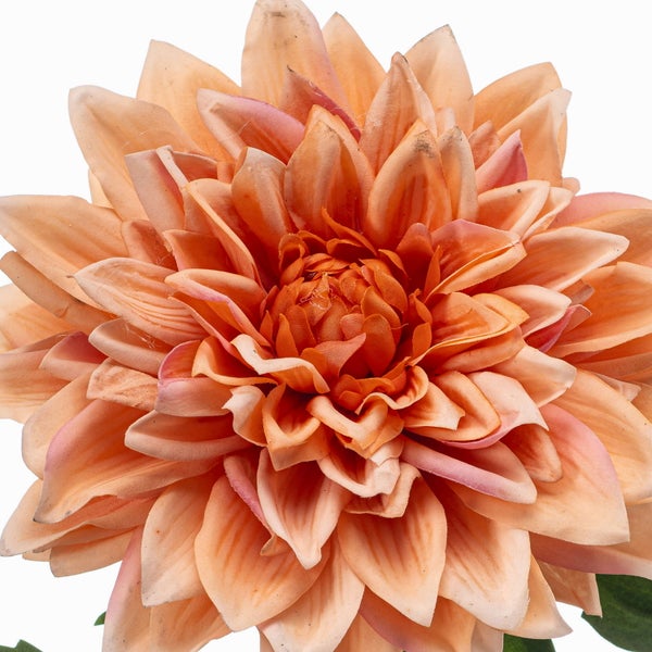 Künstliche Dahlie in Pfirsichfarbe, detailreiche Blüte aus Textilmaterial.