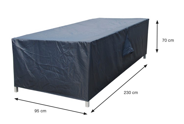 Dunkle Schutzhülle für Gartenmöbel, Maße 230 Zentimeter Länge, 95 Zentimeter Breite und 70 Zentimeter Höhe.