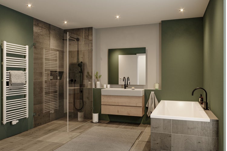 Modernes Badezimmer mit begehbarer Dusche, Holz-Waschtisch, Badewanne, grünen Wänden und Fliesen in Steinoptik.