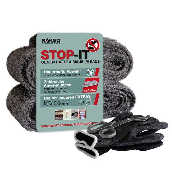 Stahlwolle-Set zur Abwehr von Ratten und Mäusen bestehend aus zwei Rollen Stahlwolle, einer Schere und Arbeitshandschuhen.