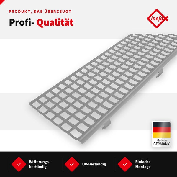 Inefa Laubschutzgitter für Dachrinnen, witterungsbeständiges Kunststoffgitter mit einfacher Montage, hergestellt in Deutschland.