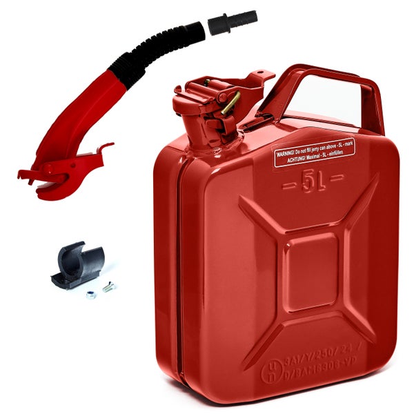 BW® Kraftstoffkanister Metall Benzinkanister 5 Liter mit Ausgießer - Rot - RAL 3000 - TÜV-geprüft und UN-Zulassung - Made in Europe
