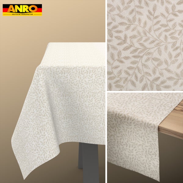 ANRO Logo, Tischdecke mit Blättermuster sowie Detailansicht der Gewebestruktur.