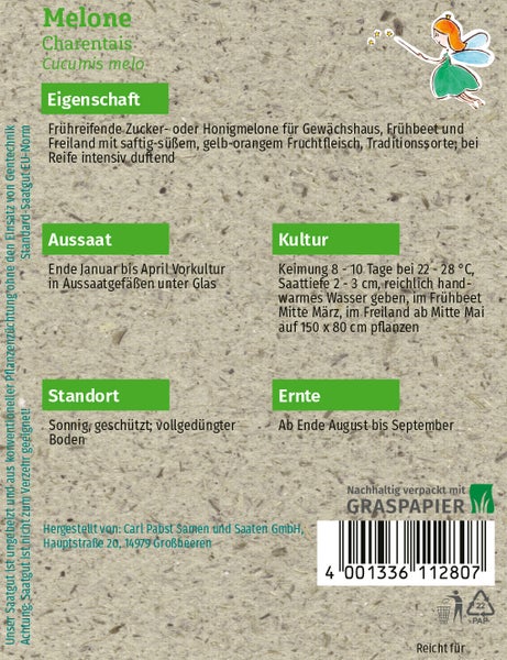 Rückseite einer Samentüte für Melone Charentais mit Informationen zu Aussaat, Kultur, Standort und Ernte, gedruckt auf Graspapier.