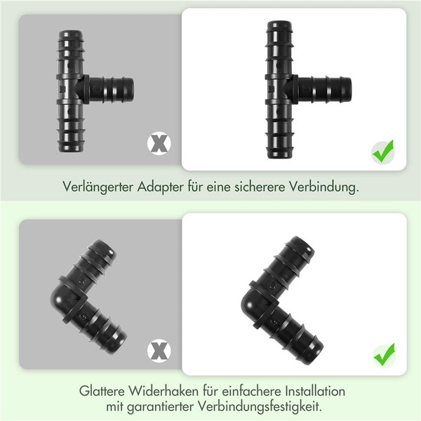 Vergleich von T-Stück und Winkelstück für Gartenschläuche: Sichere Verbindung vs. glatte Widerhaken für einfache Installation