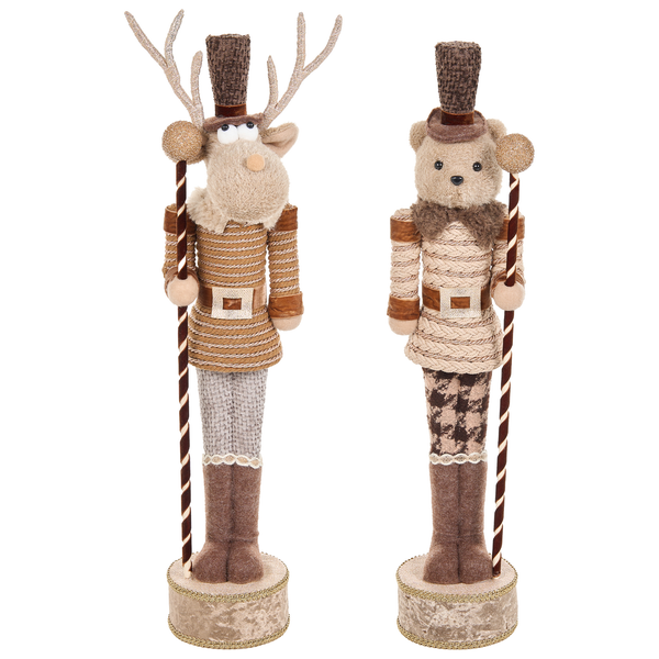 Dekorative Weihnachtsfigur in Form eines Rentiers als Nussknacker mit Stab auf einem runden Sockel