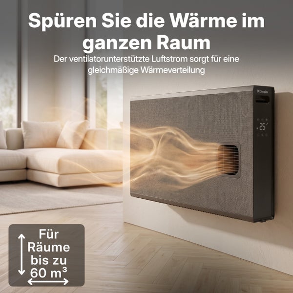 Dimplex Wandheizkörper mit Ventilator für gleichmäßige Wärmeverteilung in Wohnräumen bis zu 60 Kubikmeter.