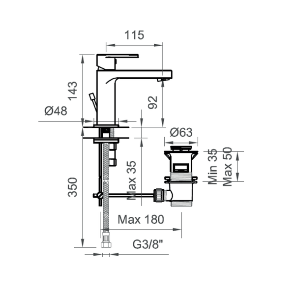 Technische Zeichnung eines Wasserhahns mit Maßangaben