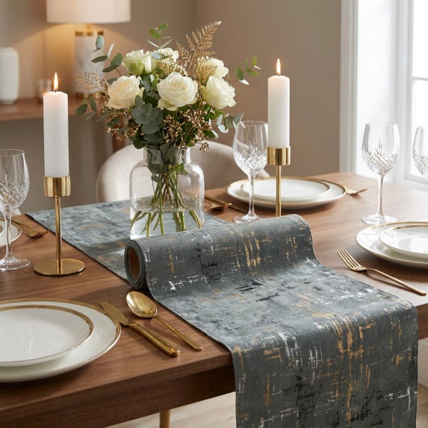 Ein moderner Tischläufer mit abstraktem Muster auf einem gedeckten Holztisch mit Blumenvasen und Kerzenständer für eine elegante Tischdekoration.