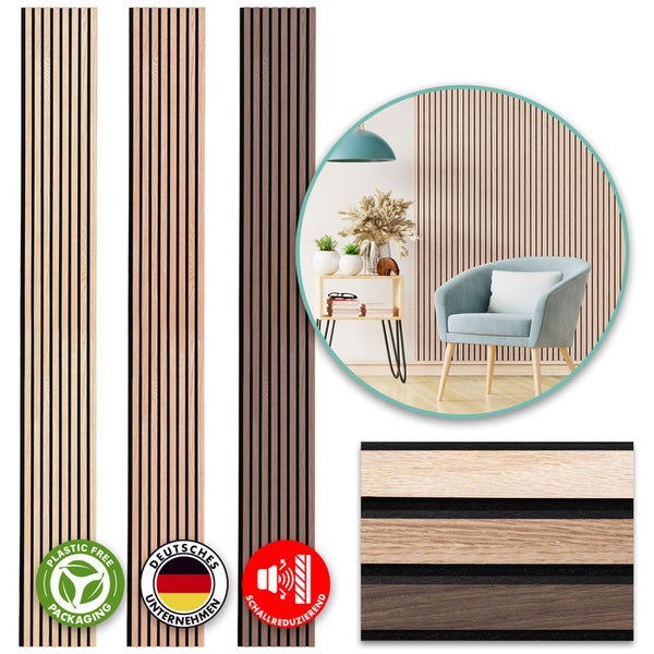 Drei Holzpaneele mit schmalen Lamellen und eine Raumdarstellung mit Stuhl und Beistelltisch. Zusätzlich sind die Symbole für plastikfreie Verpackung, Deutsches Unternehmen und Schallreduzierung abgebildet.