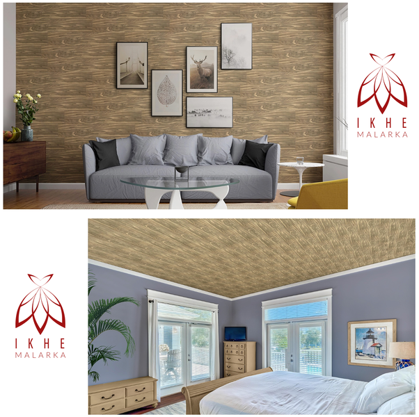 Wohn- und Schlafzimmer mit Wand- und Deckenpaneelen in Holzoptik sowie IKHE Malarka Logo.