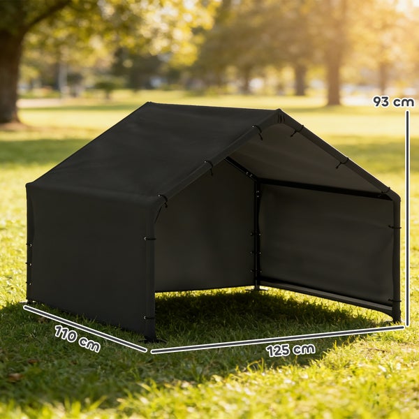 Mähroboter-Garage aus Stoff mit Metallrahmen, Breite 125 Zentimeter, Tiefe 110 Zentimeter, Höhe 93 Zentimeter.