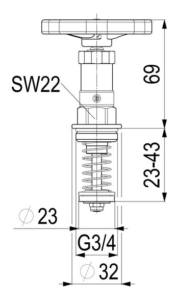 Technische Zeichnung Ventiloberteil mit Handrad, Gewinde drei viertel Zoll, Durchmesser 32, Maße 69 und 23 bis 43 Millimeter.