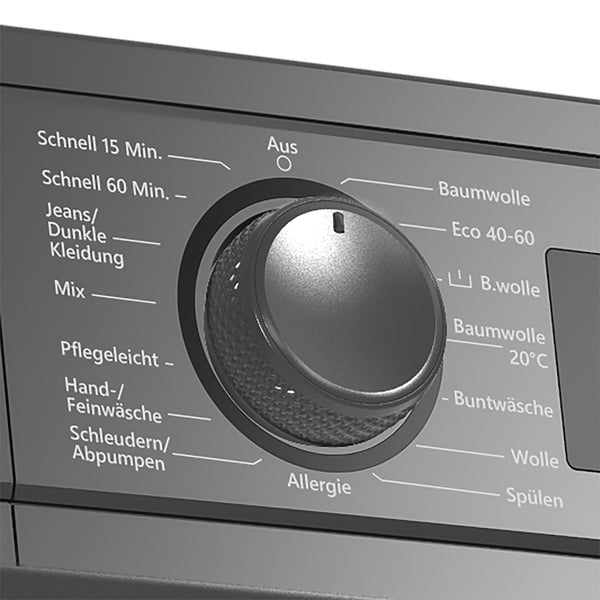 Telefunken Waschmaschine im Waschraum neben Regal und Wäschekorb.