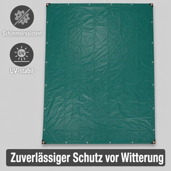 Rechteckige Abdeckplane für Wetterschutz mit Ösen, schimmelresistent und UV-beständig.