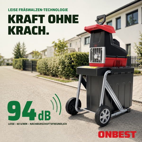 ONBEST Leisehäcksler mit Fräswalzen-Technologie, 94 Dezibel, 60 Umdrehungen pro Minute, nachbarschaftsfreundliches Design.