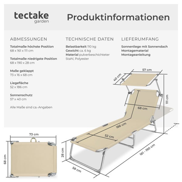 Gartenliege tectake  190 x 68 x 28 cm klappbar beige