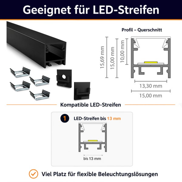 Aluminium LED Profil fuer LED Streifen bis 13 mm Breite mit Montageclips und Endkappen inklusive Bemaßungszeichnung und Querschnittsansicht.