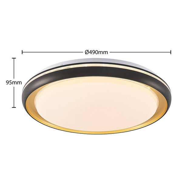 Runde LED Deckenleuchte in Schwarz und Gold mit Maßen: Durchmesser 490 Millimeter und Höhe 95 Millimeter.