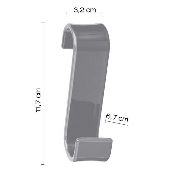 Grauer S-förmiger Heizkörperhaken mit den Maßen Höhe 11,7 Zentimeter, Breite oben 3,2 Zentimeter und Tiefe unten 6,7 Zentimeter.
