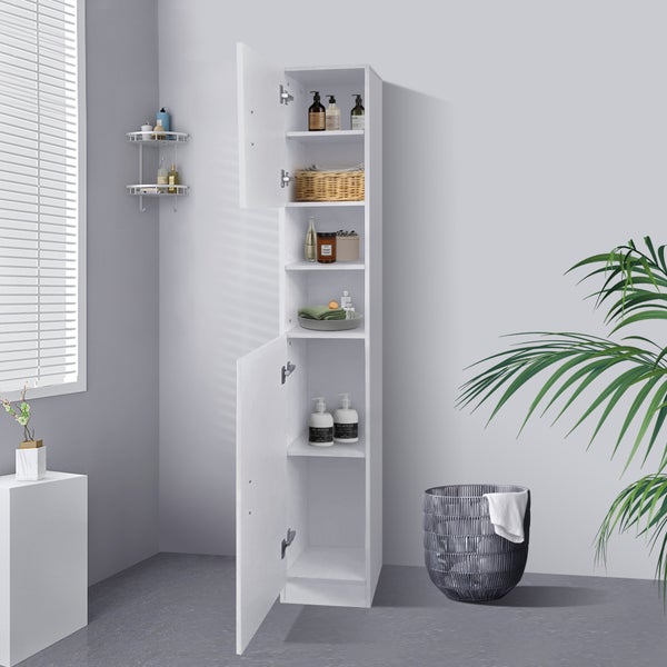 ML-Design Badmöbel-Set 4-teilig Badezimmermöbel Set Badmöbel Komplettset, Spiegelschrank Waschtisch mit Unterschrank Hochschrank Waschmaschinenschrank Badezimmerschrank, Modern Weiß Holz viel Stauraum