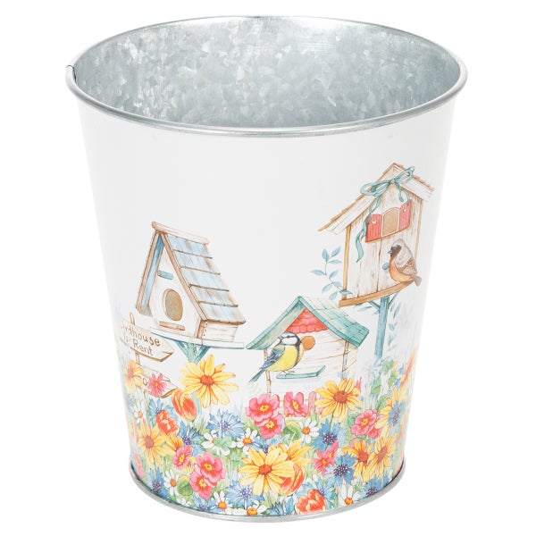 Konischer Metall-Pflanztopf in Weiß mit bunten Illustrationen von Vogelhäusern, Blumen und Vögeln. Verzinkte Innenseite.