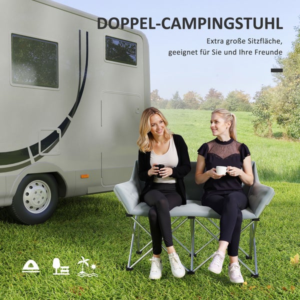 Outsunny Faltstuhl 2 Sitzer faltbar Campingstuhl mit Armlehnen Seitentasche Outdoor Klappstuhl bis 240kg belastbar leicht gepolstert Angelstuhl Gartenstuhl für Garten Camping Strand