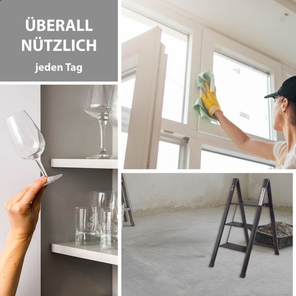 Collage: Frau putzt Fenster, Gläser werden abgewischt, Trittleiter steht im Raum