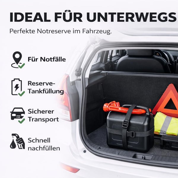 Notfallausrüstung im Kofferraum eines Autos, inklusive Benzinkanister, Warndreieck und Warnweste.