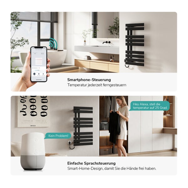 Moderner schwarzer Handtuchheizkörper im Badezimmer, steuerbar über Smartphone-App und Sprachbefehl für ein vernetztes Smart Home.